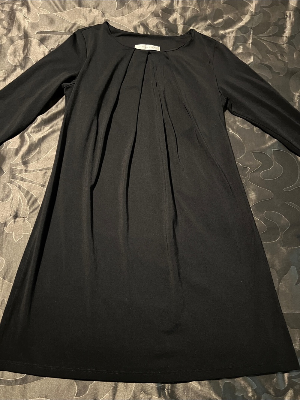 Susana Monaco Black Pleated Front Shift Dress 3/4 Sleeves Stretch Women’s LG